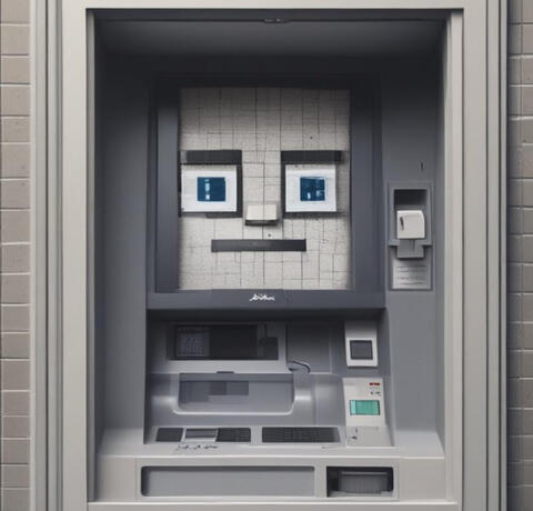 An image of an ATM with a face showing a blank expression with wide eyes, indicating overwhelm and burnout.