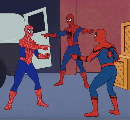 The classic three Spiderman meme with three comic book Spidermen pointing at each other.